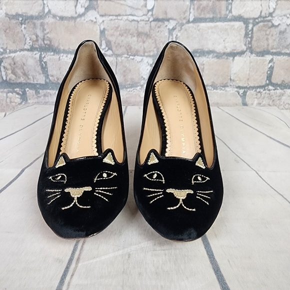 Charlotte Olympia Kitty Cat Embroidered Velvet Pump Black Gold Size 36/6 - Picture 7 of 16